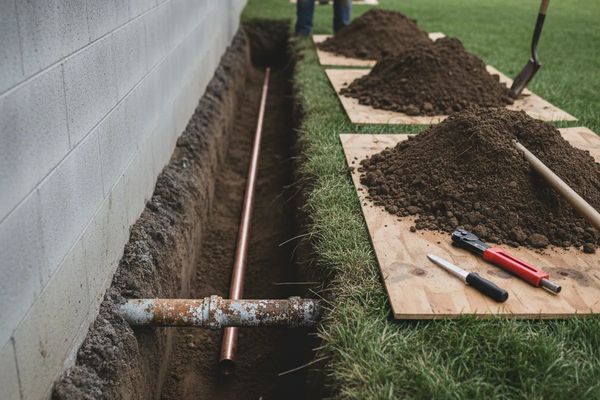 Excavated water line trench during Sewer Line Repair in Oatman
